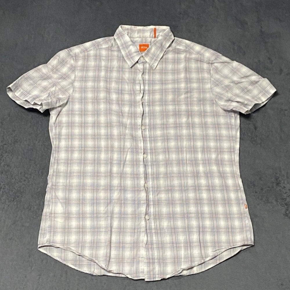 Hugo Boss Orange Button Up Shirt Mens L Plaid Blue White Red Short Sleeve Casual